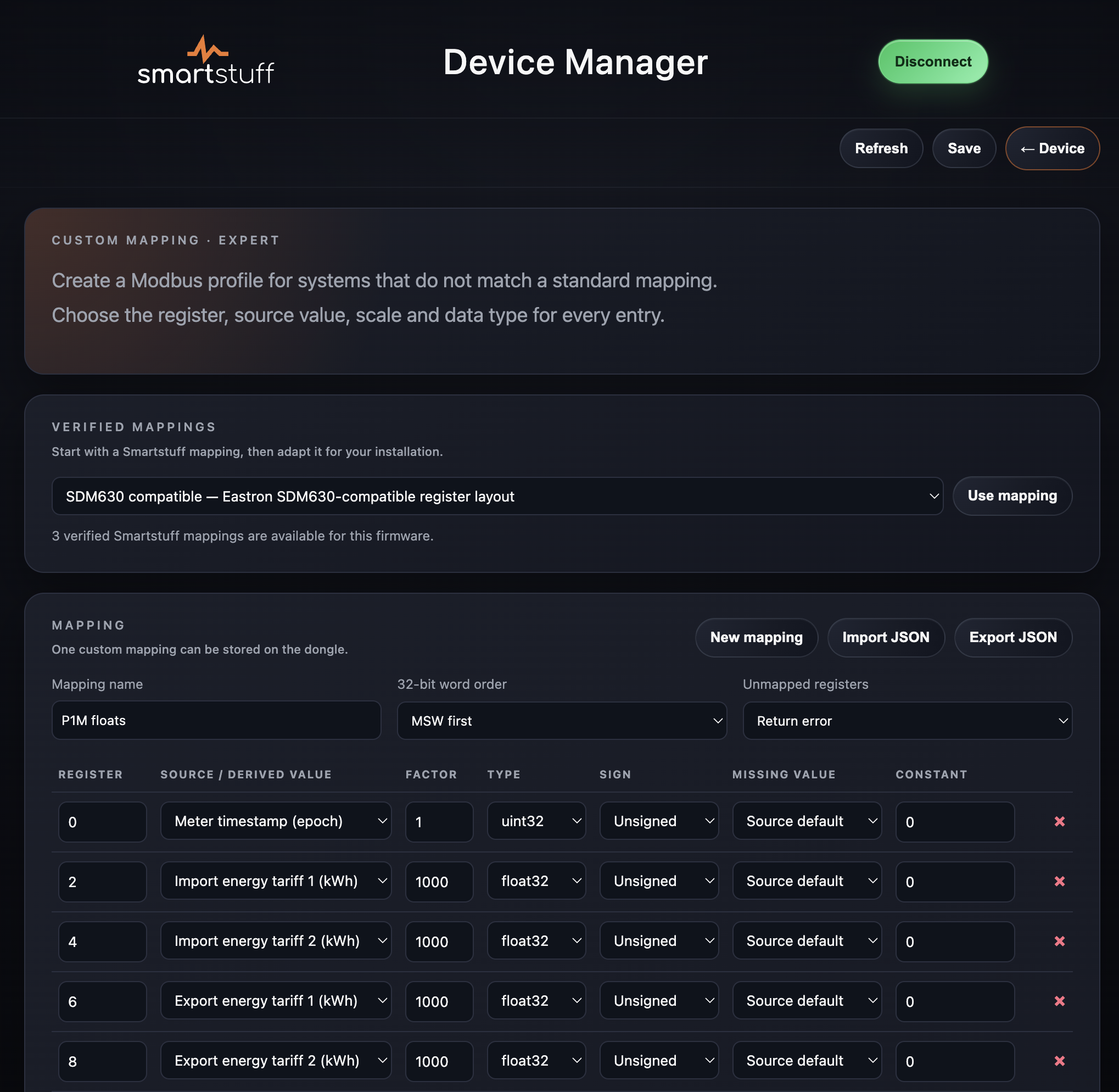 Firmware v3 Custom mapping Expert screen with verified mappings, mapping settings and editable register rows