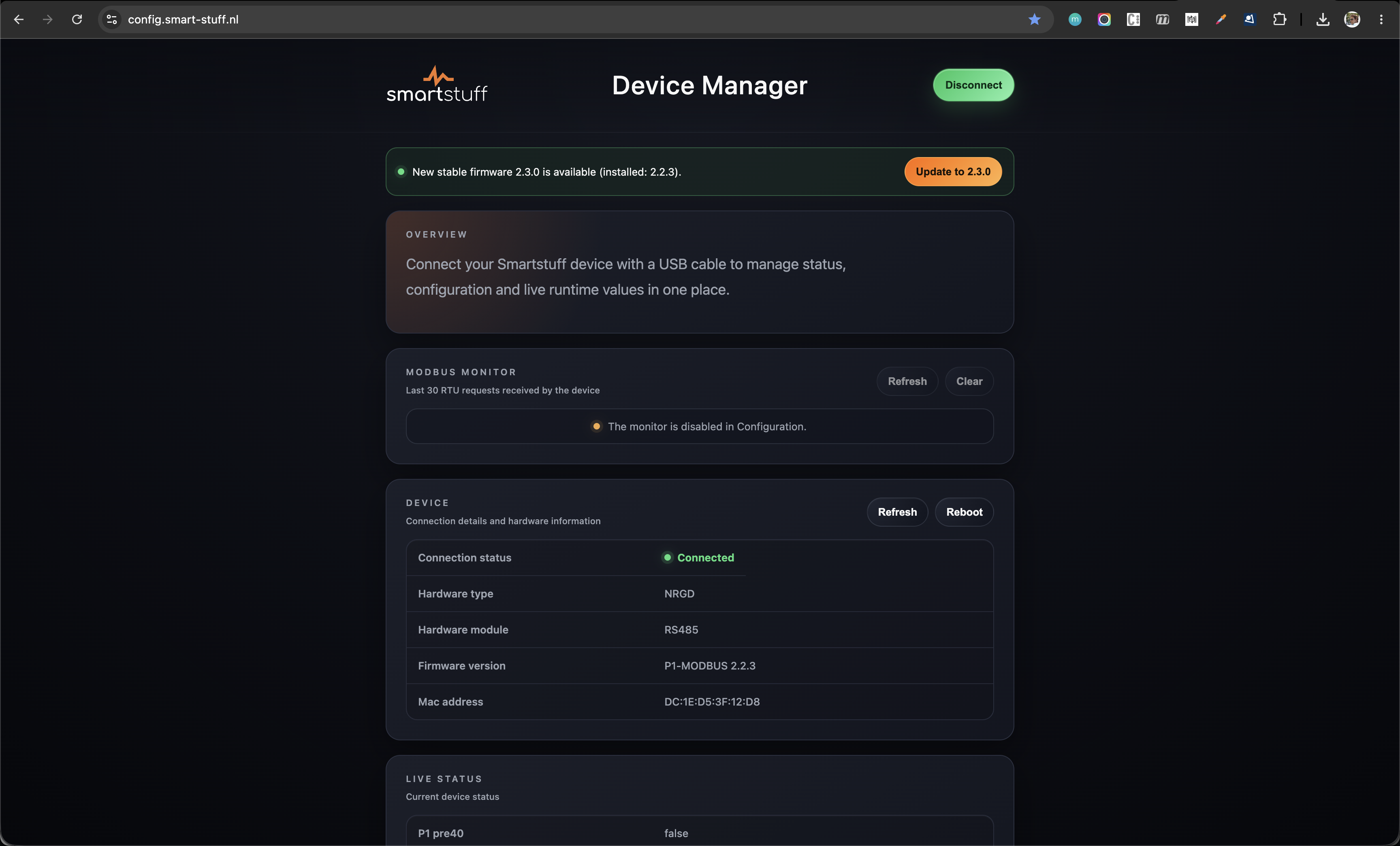 Firmware v2 Device Manager with a firmware update available and the Modbus monitor visible